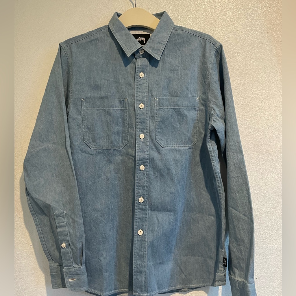 Stussy Mens Button Front Denim Shirt Small Pocket International Streetwear Blue